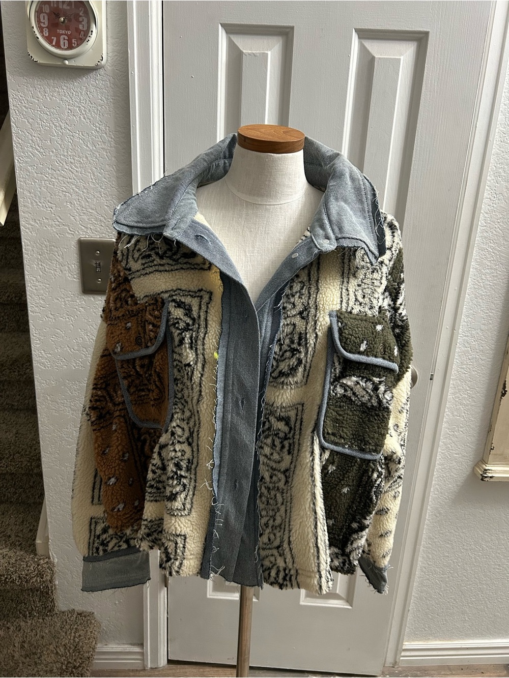 Oli & Hali Patchwork Sherpa Shirt Jacket in Cream, Olive & Brown